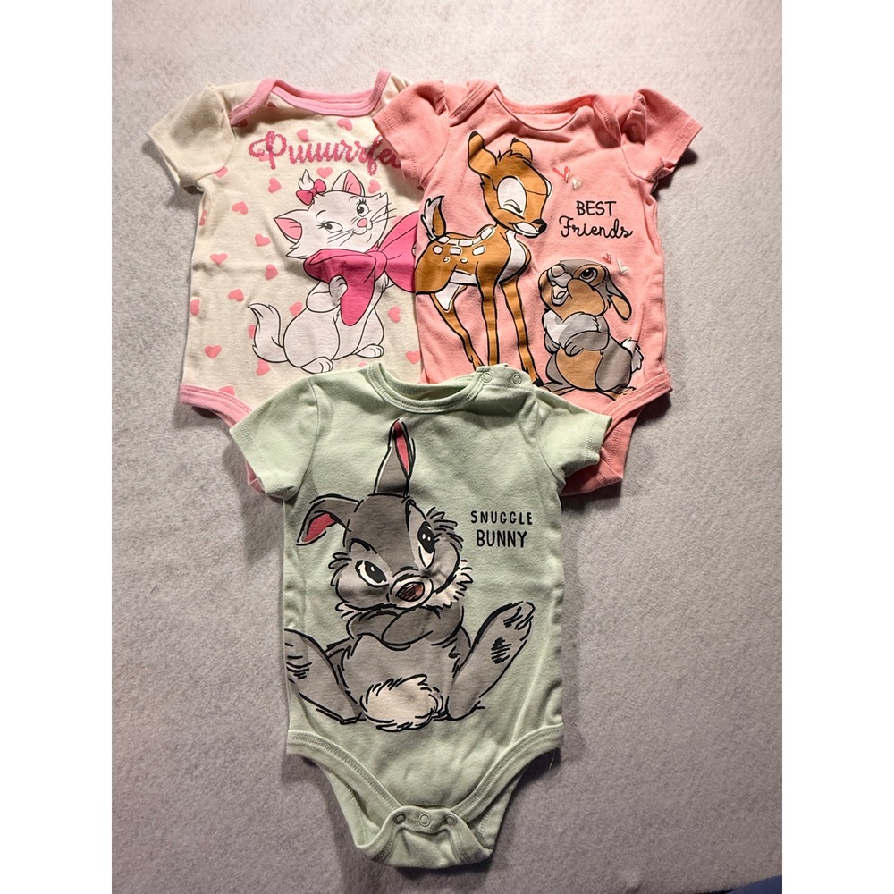 Disney Baby Girls Bodysuit Lot 3pc Marie Bambi Thumper 12M Pink Green White